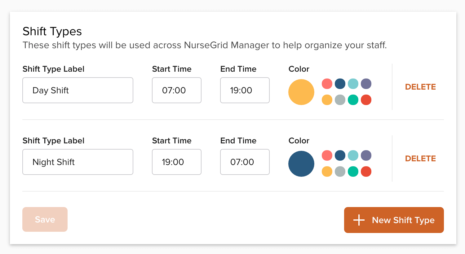 Nursegrid Nursing department custom shift types