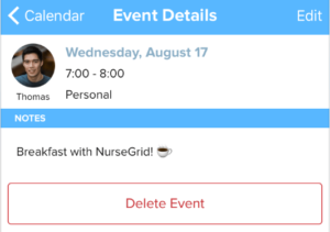 Nursegrid Personal Event Screen