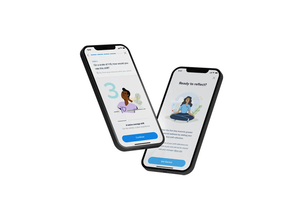 Two smartphones display a wellness app: one screen shows a question with illustrations, the other presents a reflection prompt with a woman sitting cross-legged.