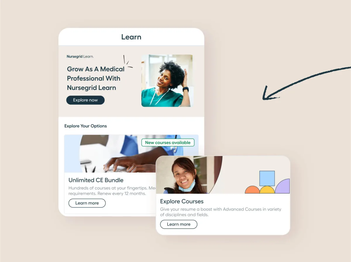 A website page shows learning options, including “Grow As A Medical Professional” with a nurse, “Unlimited CE Bundle,” and “Explore Courses” with a smiling woman and colorful shapes.
