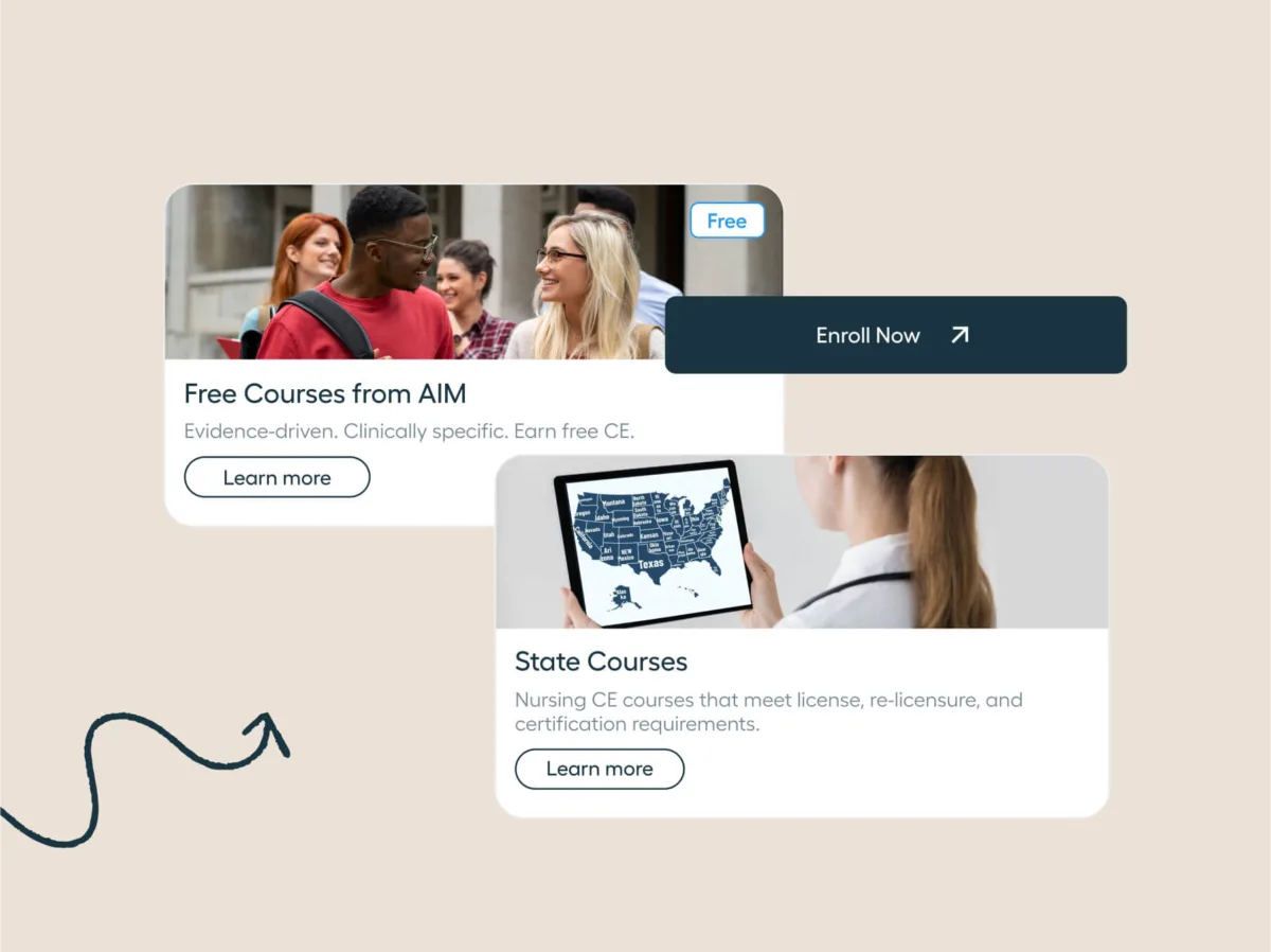 Two course advertisements: one shows students talking, offering Free Courses from AIM; another shows a nurse holding a tablet with a US map, offering State Courses.