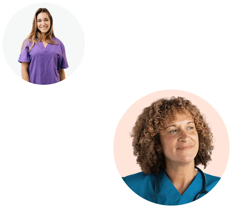 Two women in scrubs: one young woman in purple scrubs smiling, and another older woman with curly hair in blue scrubs, both on white backgrounds.