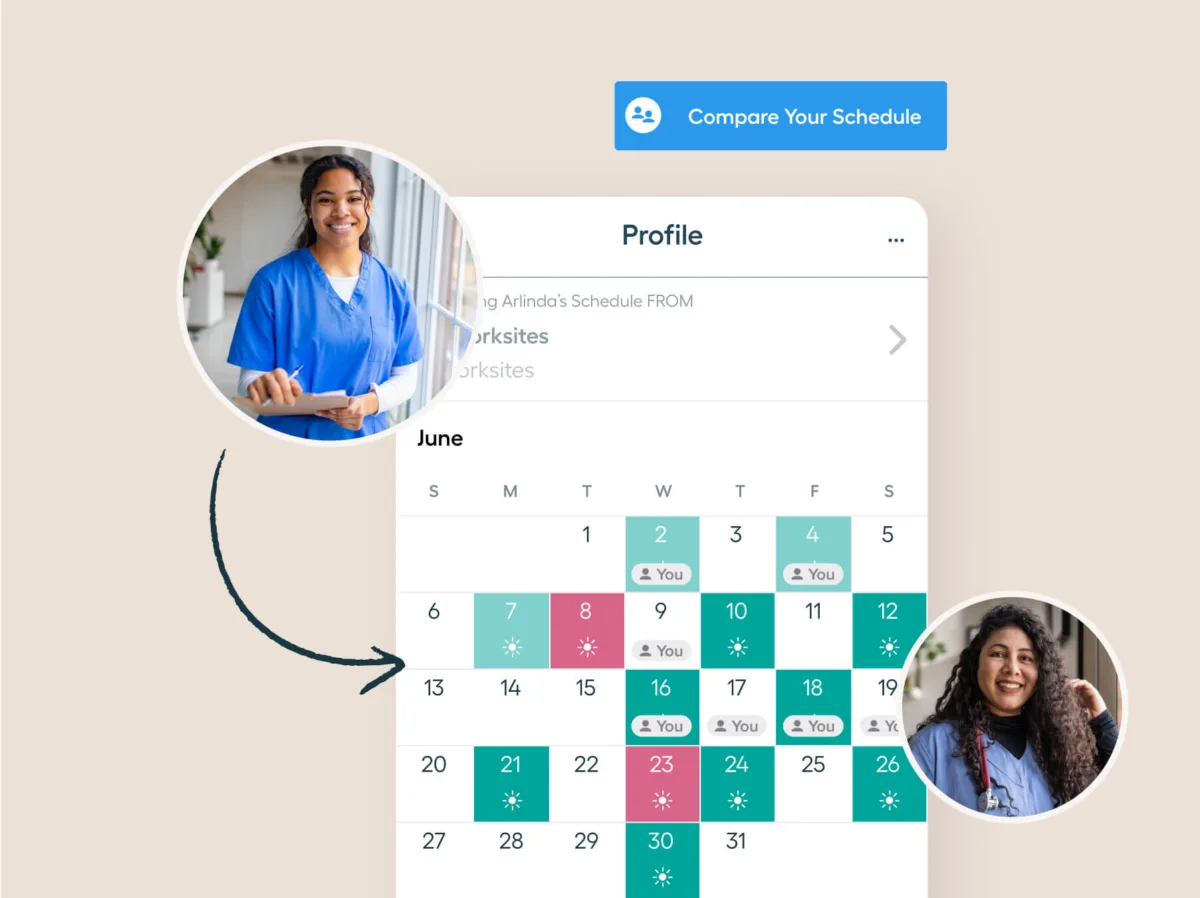A calendar with marked dates is shown. Two women, one in medical scrubs and one smiling casually, are pictured in circles linked to the calendar. A button says “Compare Your Schedule.”.