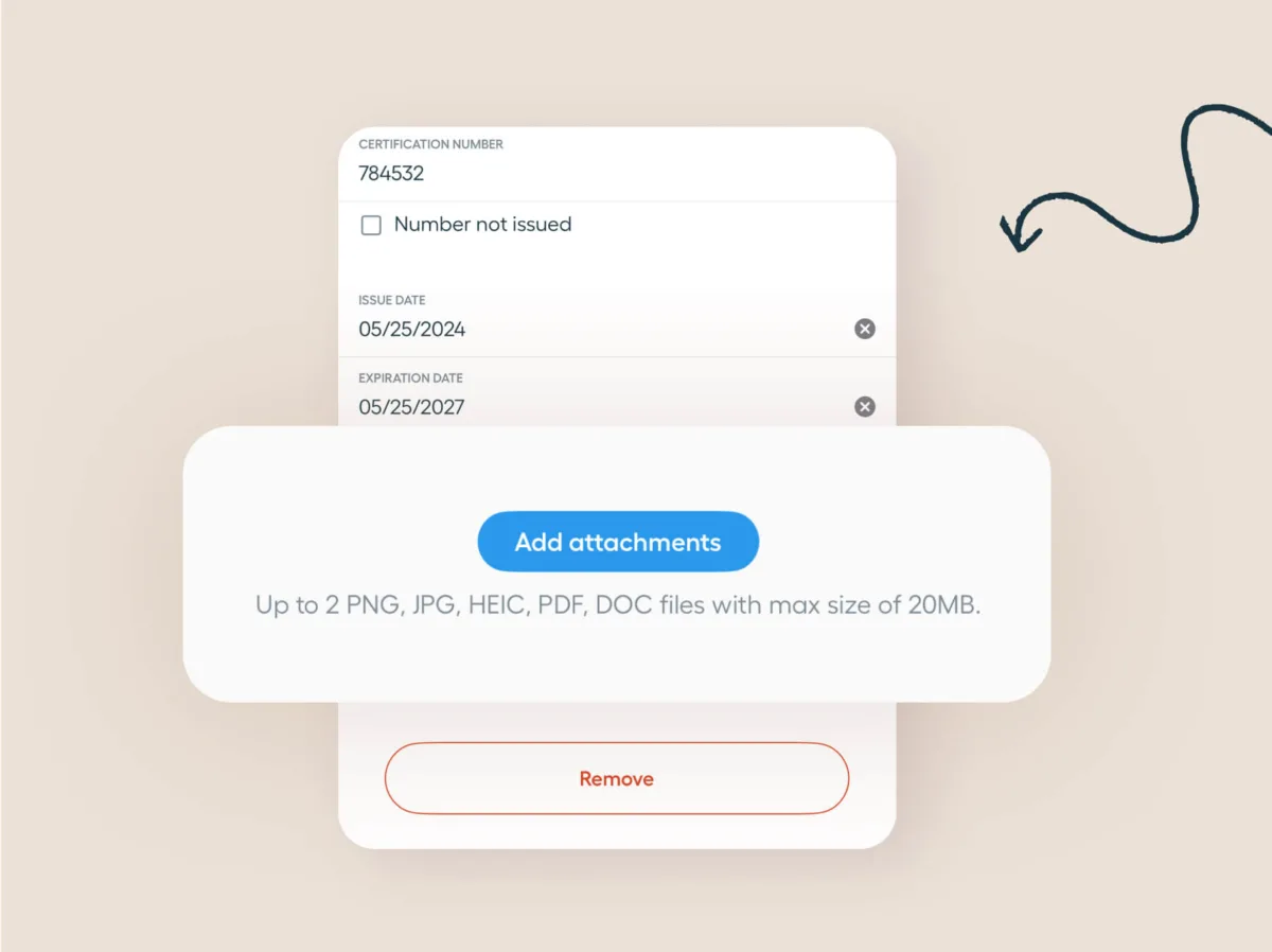 A digital form shows certification number, issue and expiration dates, with options to add attachments or remove files. An arrow points to the form.