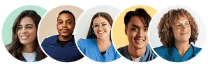 Five smiling healthcare professionals in scrubs, shown in individual circles against light backgrounds.