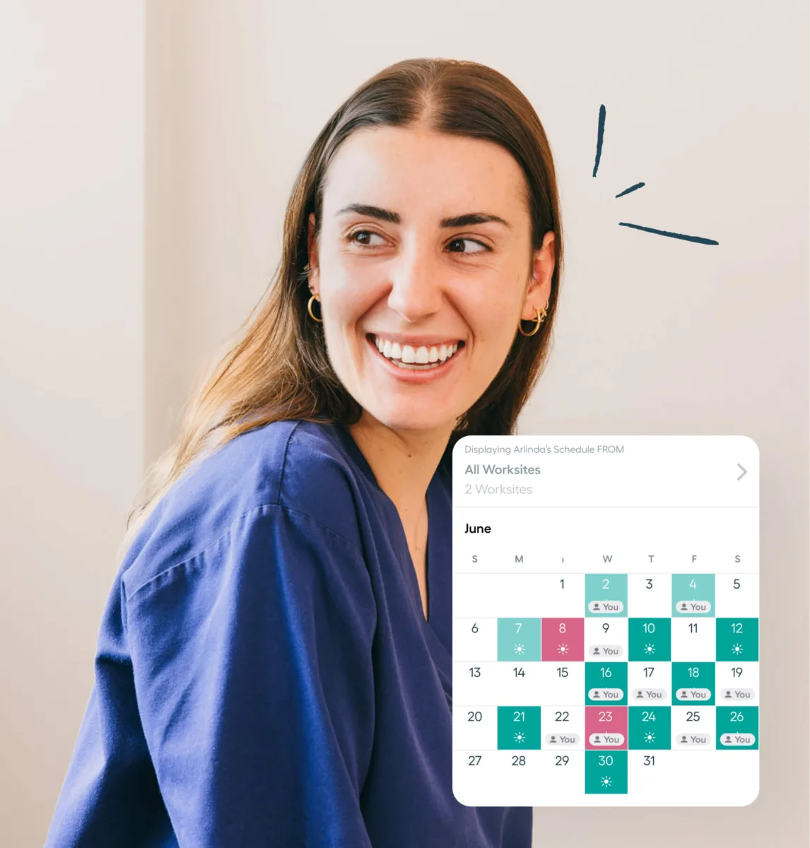 A smiling woman in a blue top is looking to the side, with a digital June calendar overlayed in the foreground.