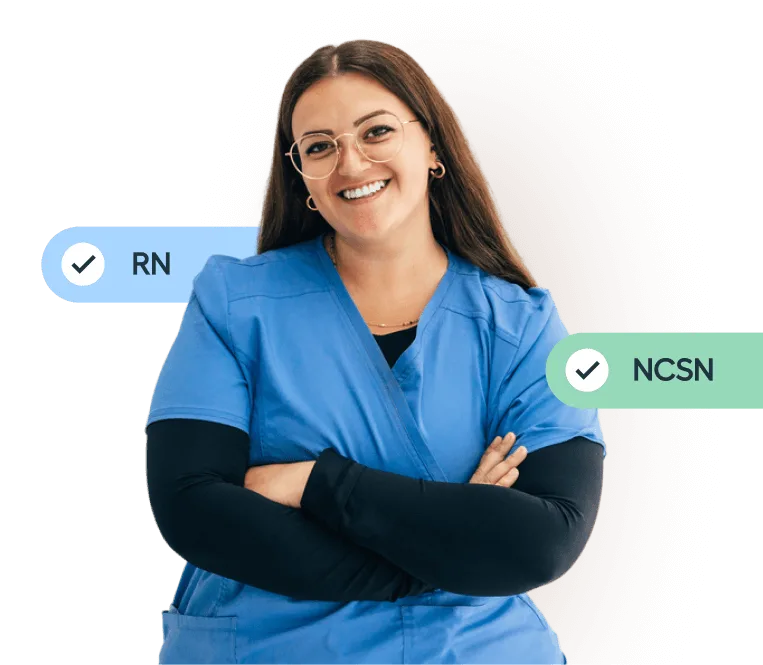 Smiling nurse in blue scrubs with arms crossed, standing in front of badges labeled RN and NCSN with check marks.