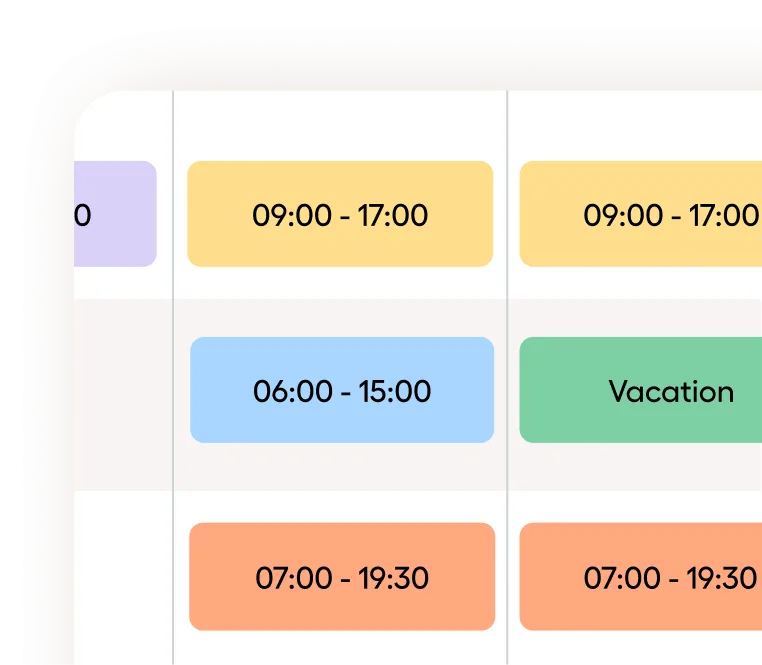 A digital calendar with colored event blocks showing work shifts, including times such as 09:00-17:00, 06:00-15:00, and an entry labeled Vacation.