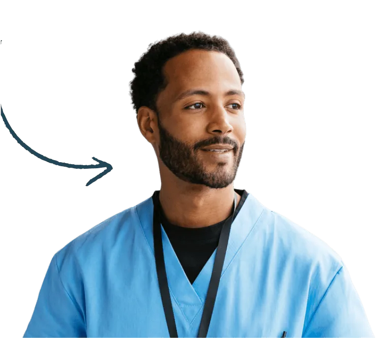 A man wearing light blue medical scrubs and a black lanyard looks to the side, smiling slightly. There is a curved arrow drawn in the background.