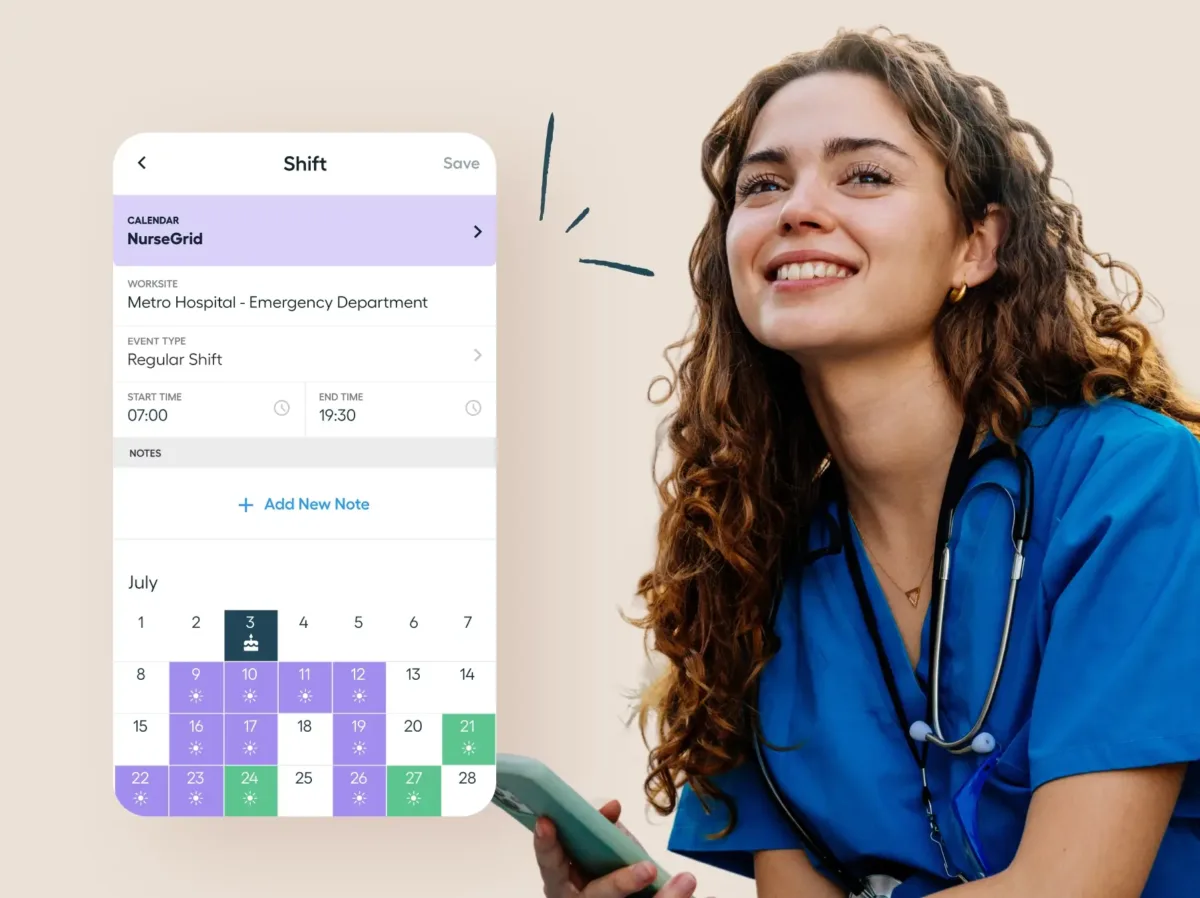 A smiling nurse in blue scrubs holds a phone next to a digital calendar app, proudly showing her July shift schedule managed by nurse scheduling software.