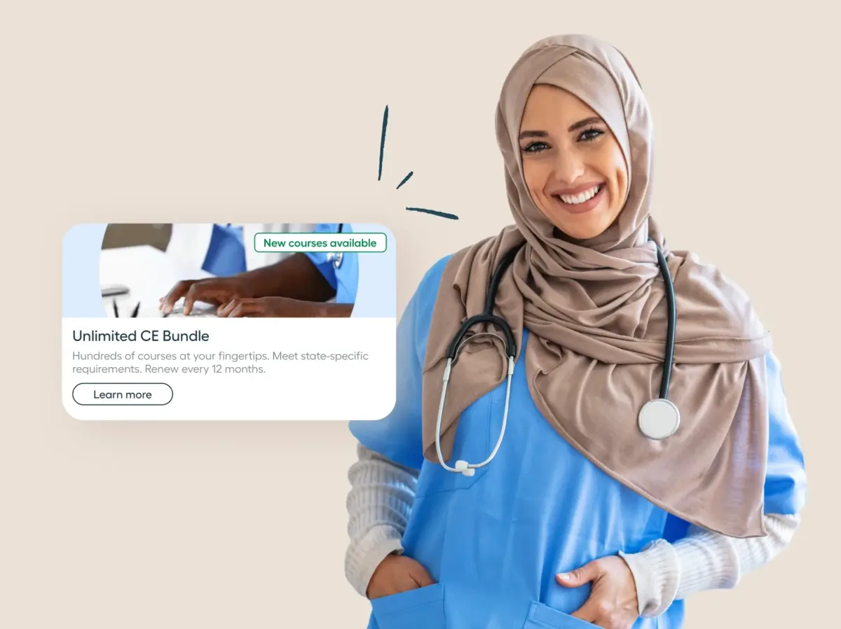 A smiling healthcare professional in a hijab and scrubs stands beside a graphic promoting unlimited continuing education for nurses through a CE course bundle.