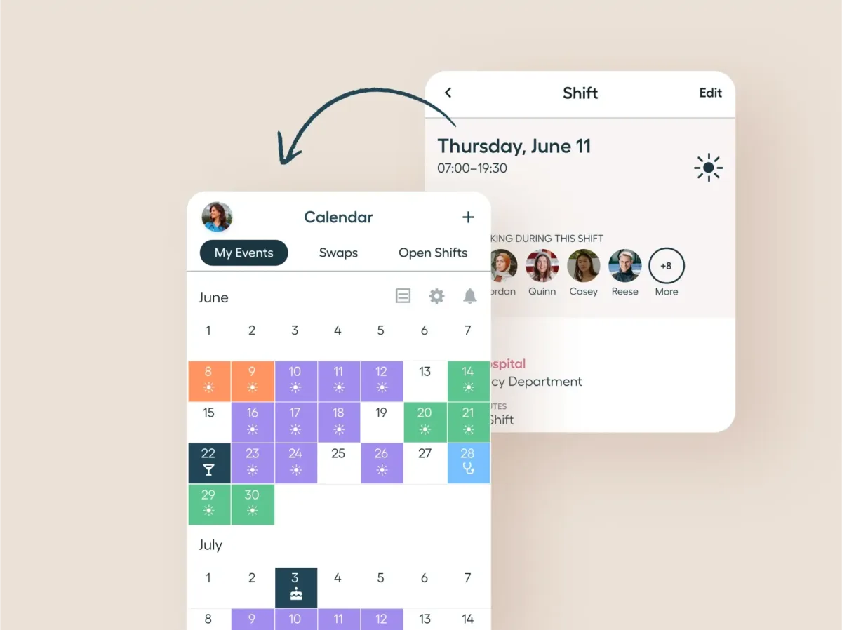 A digital calendar, ideal for the best calendar app for nurses, displays color-coded shifts and a detailed view of staff assignments on Thursday, June 11.