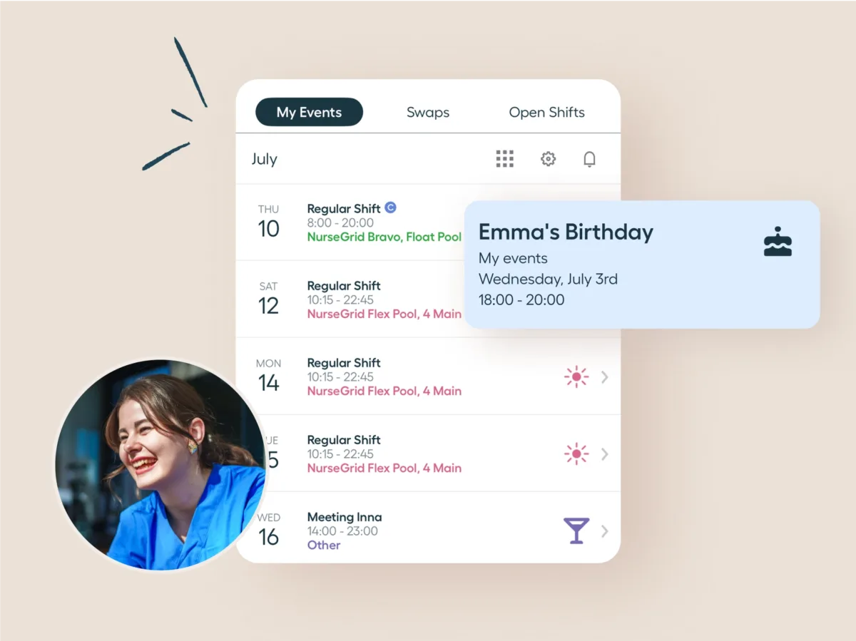 A digital calendar, ideal as the best calendar app for nurses, displays work shifts and Emmas Birthday reminder with a smiling woman in blue scrubs pictured bottom left.