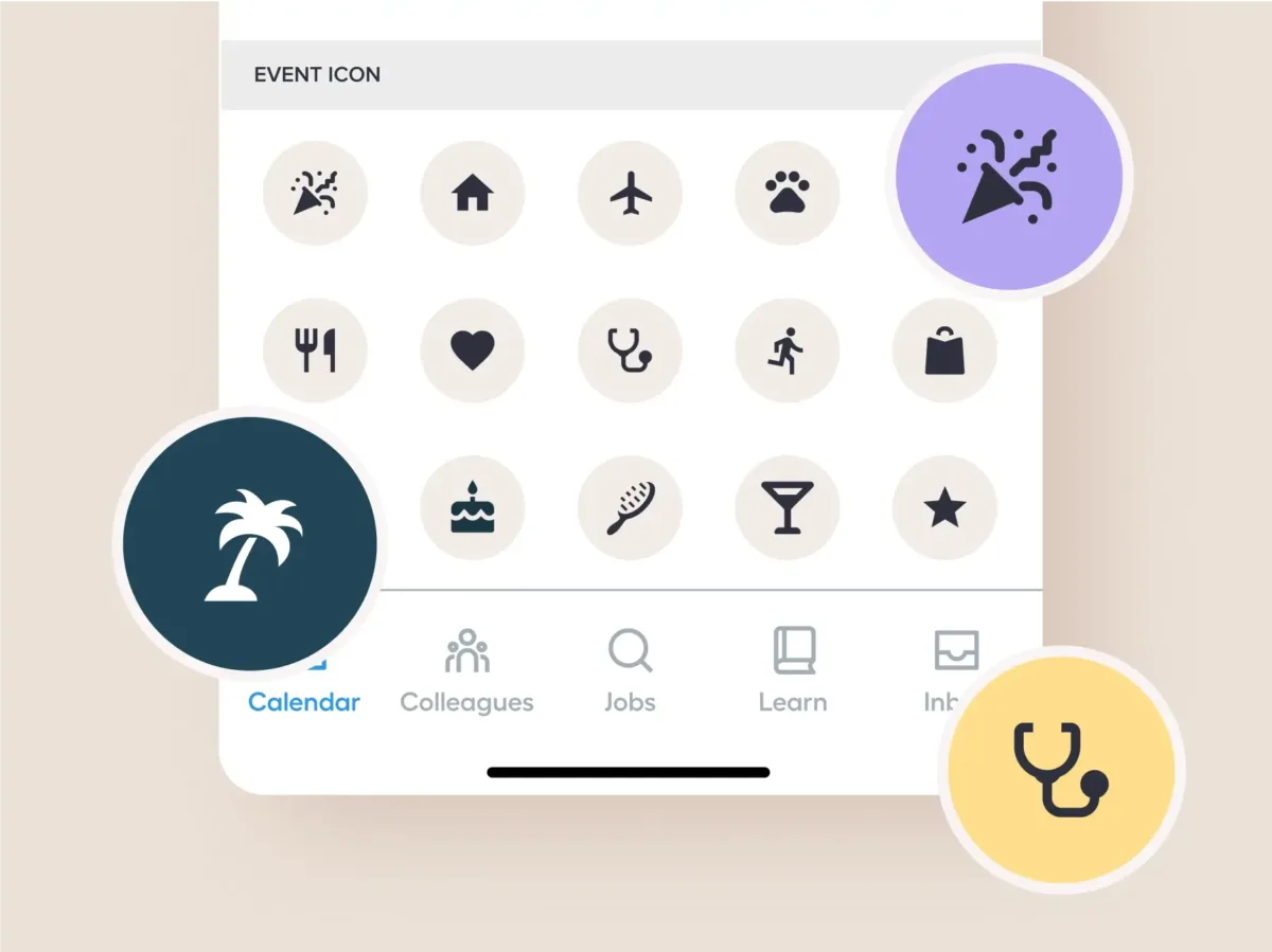 A mobile app screen displays various event icons—house, airplane, paw, stethoscope, and more—making it the best calendar app for nurses to organize every aspect of their schedule.