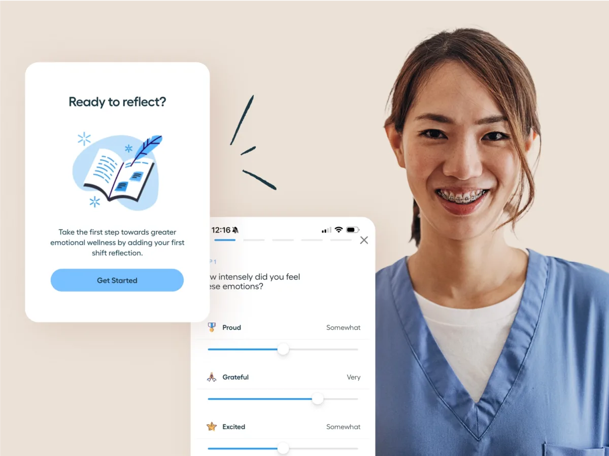A smiling woman in scrubs stands by a digital wellness app screen with emotion tracking sliders, highlighting the best calendar app for nurses to balance self-care and scheduling.