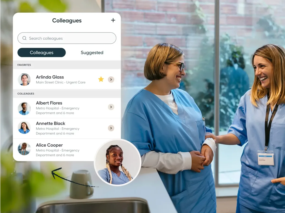 Two women in blue scrubs smile and talk in a hospital setting. An app interface shows a list of colleagues, including photos, names, and workplaces.
