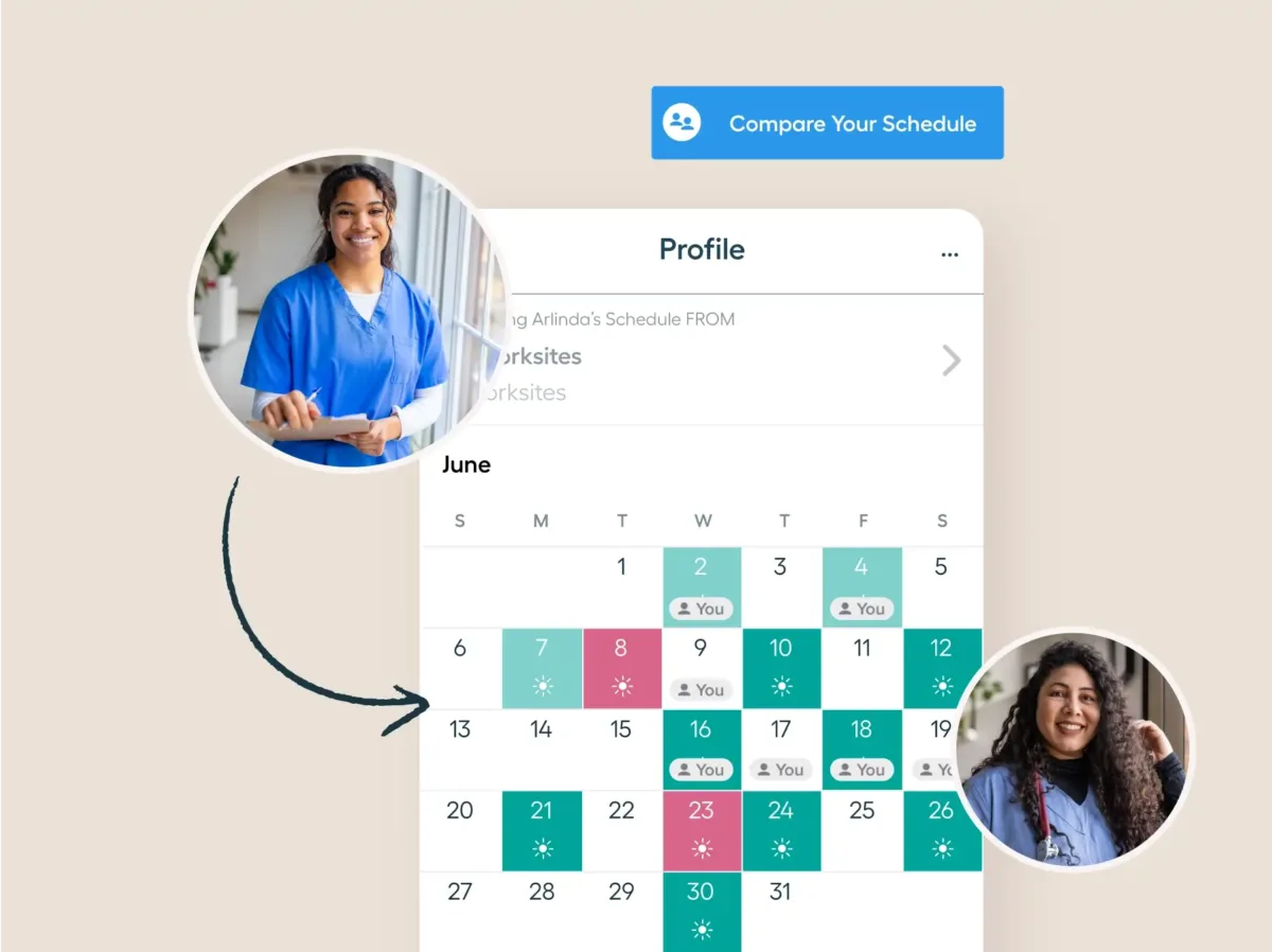 A digital calendar for June is shown, with highlighted dates and profile photos of two smiling healthcare workers linked to the schedule. A Compare Your Schedule button appears above.