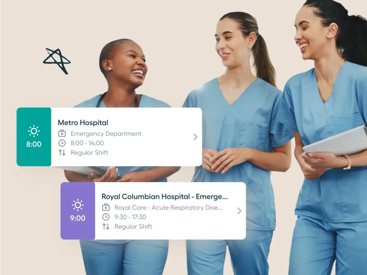Three smiling healthcare professionals in blue scrubs walk together. In the foreground, shift cards from the best calendar app for nurses feature Metro and Royal Columbian Hospital schedules.