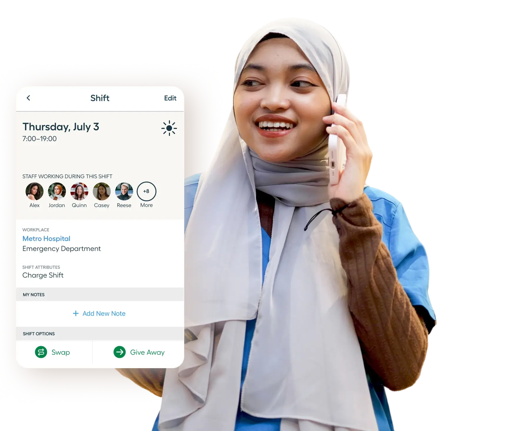A smiling woman in medical scrubs and a hijab talks on the phone, with the best calendar app for nurses shift scheduling displayed beside her.