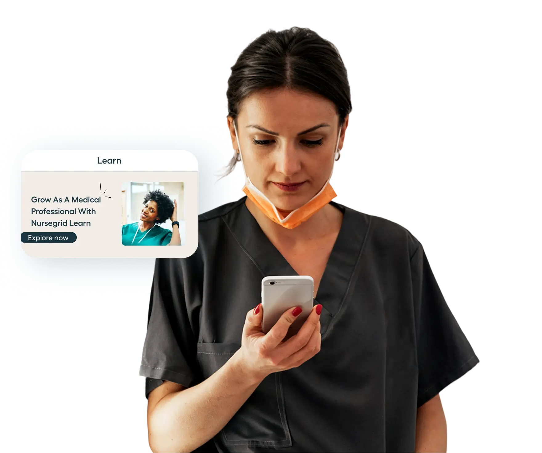 A female healthcare worker in scrubs looks at her smartphone beside an online course ad for continuing education for nurses titled Grow As A Medical Professional With Nursegrid Learn.