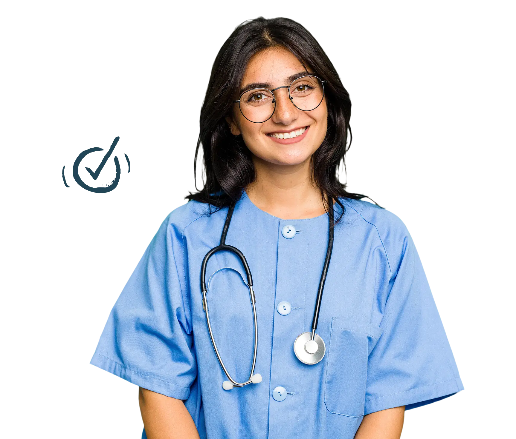 Smiling woman in blue scrubs with a stethoscope around her neck, standing in front of a checkmark symbol, representing efficient staff scheduling software for nurses.