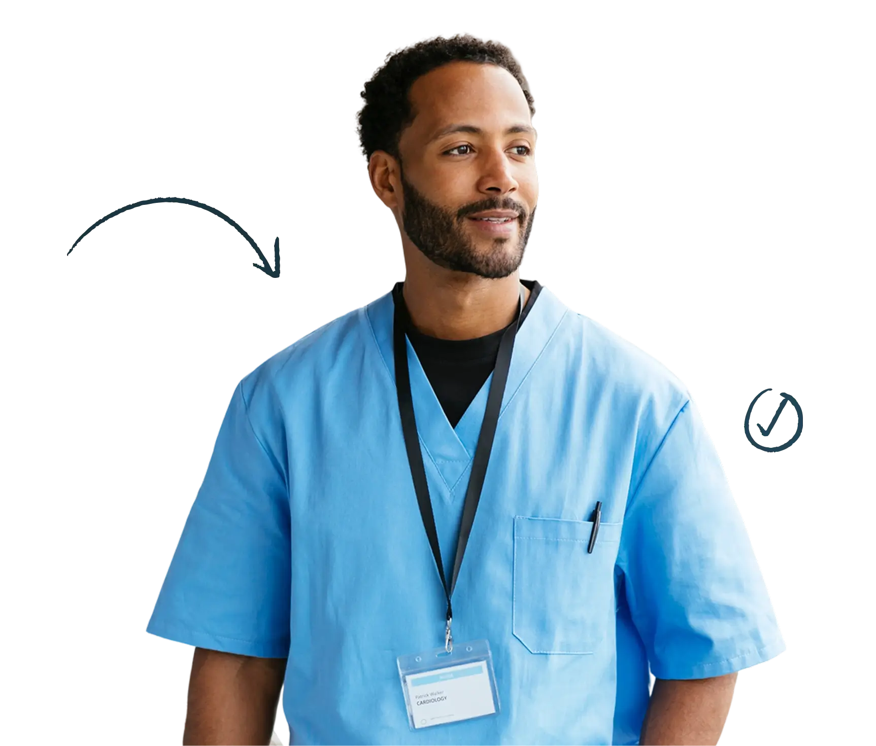 A man in blue medical scrubs with a black lanyard and ID badge stands, looking to the side and smiling slightly, perhaps after finding the best calendar app for nurses.