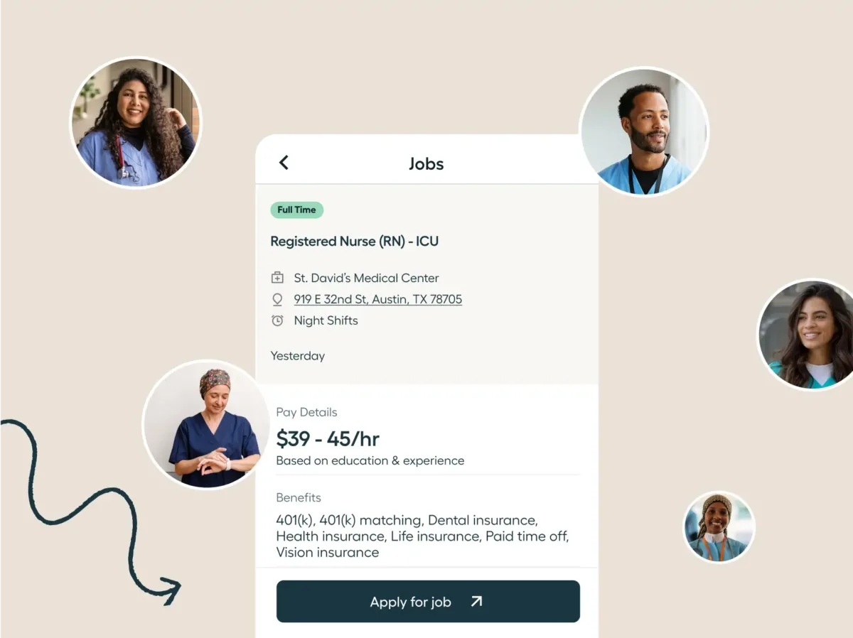 Mobile screen displays a registered nurse job listing, surrounded by photos of diverse smiling healthcare professionals on a beige background.