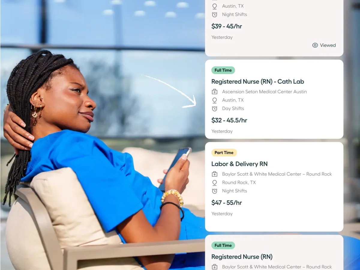 A nurse in blue scrubs sits outdoors, looking thoughtfully at her phone. Nearby, a job listing for a registered nurse offers $32–45.5/hr for day shifts in Austin, TX.