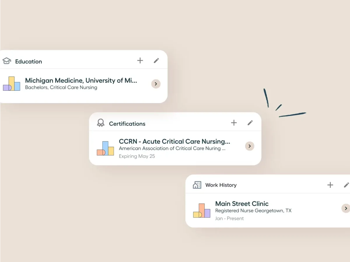 Three labeled cards display information: education at Michigan Medicine, a CCRN certification, and work history at Main Street Clinic, on a beige background with minimal icons.