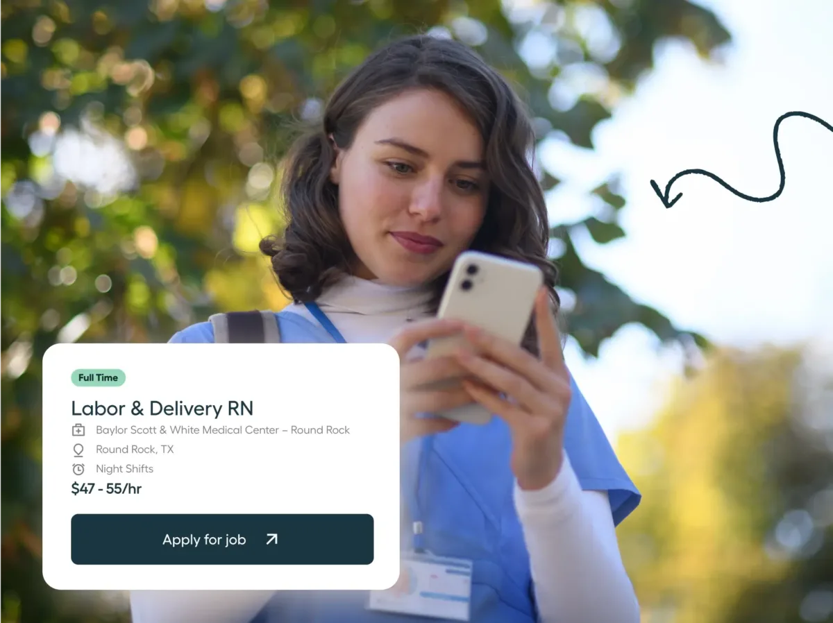 A nurse in blue scrubs looks at her phone outdoors. A job listing for a Labor & Delivery RN position with pay details appears over the image.