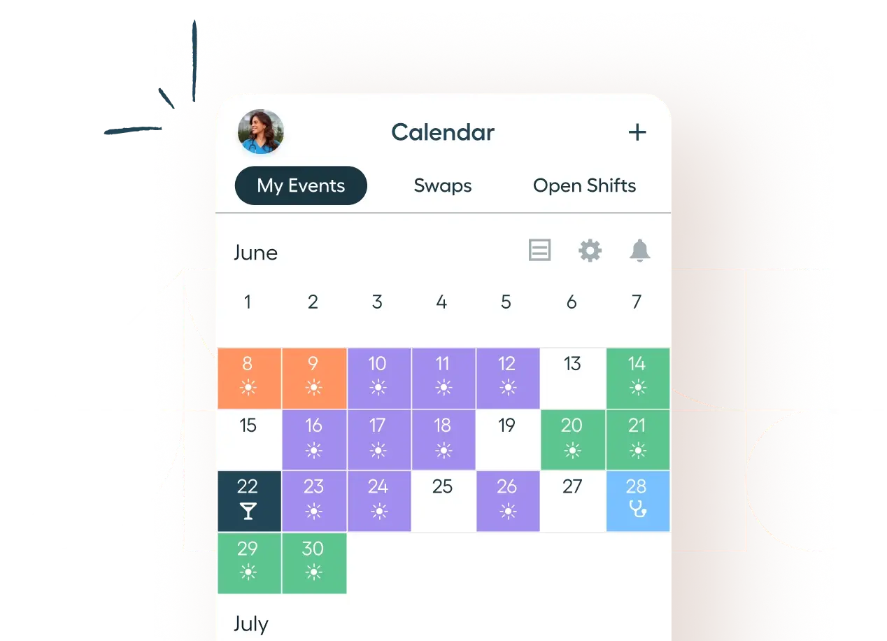 A nurse calendar app for June displays color-coded events and shifts; tabs at the top let users switch between My Events, Swaps, or Open Shifts. A profile picture is visible.
