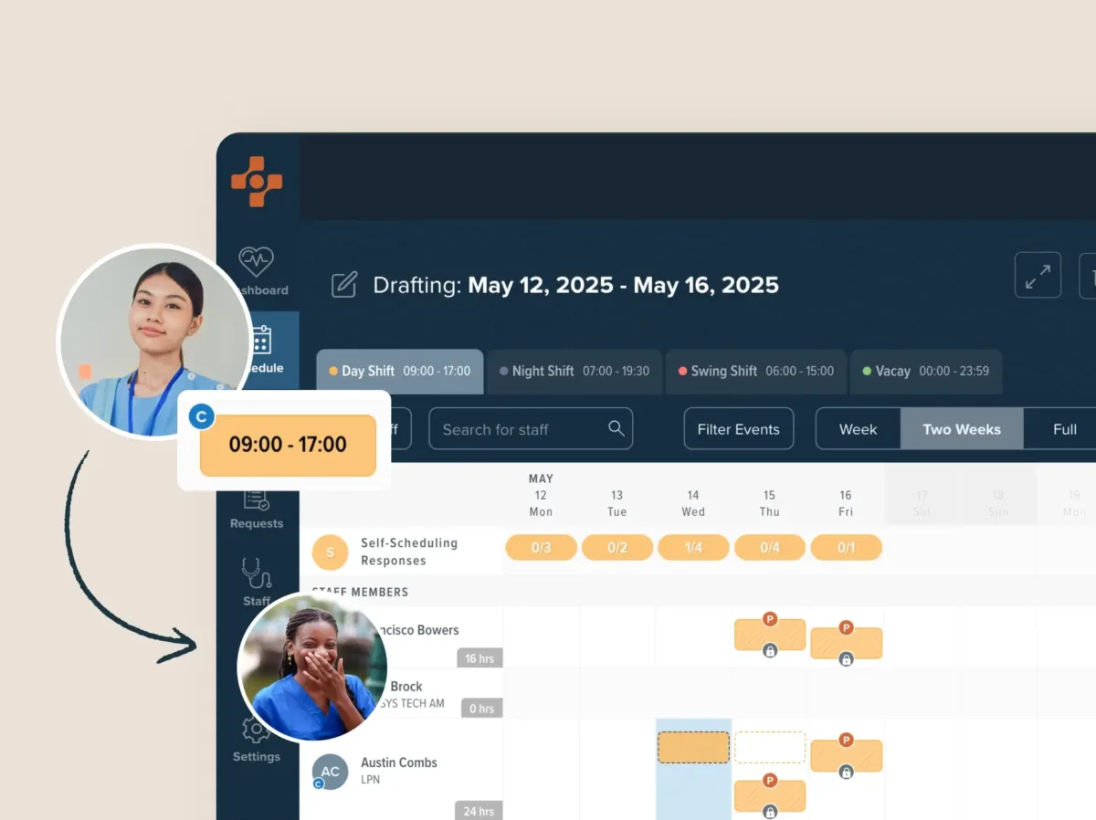 A scheduling app interface showing a nurses profile, her work shift from 09:00 to 17:00, and a calendar with shift blocks for team members.