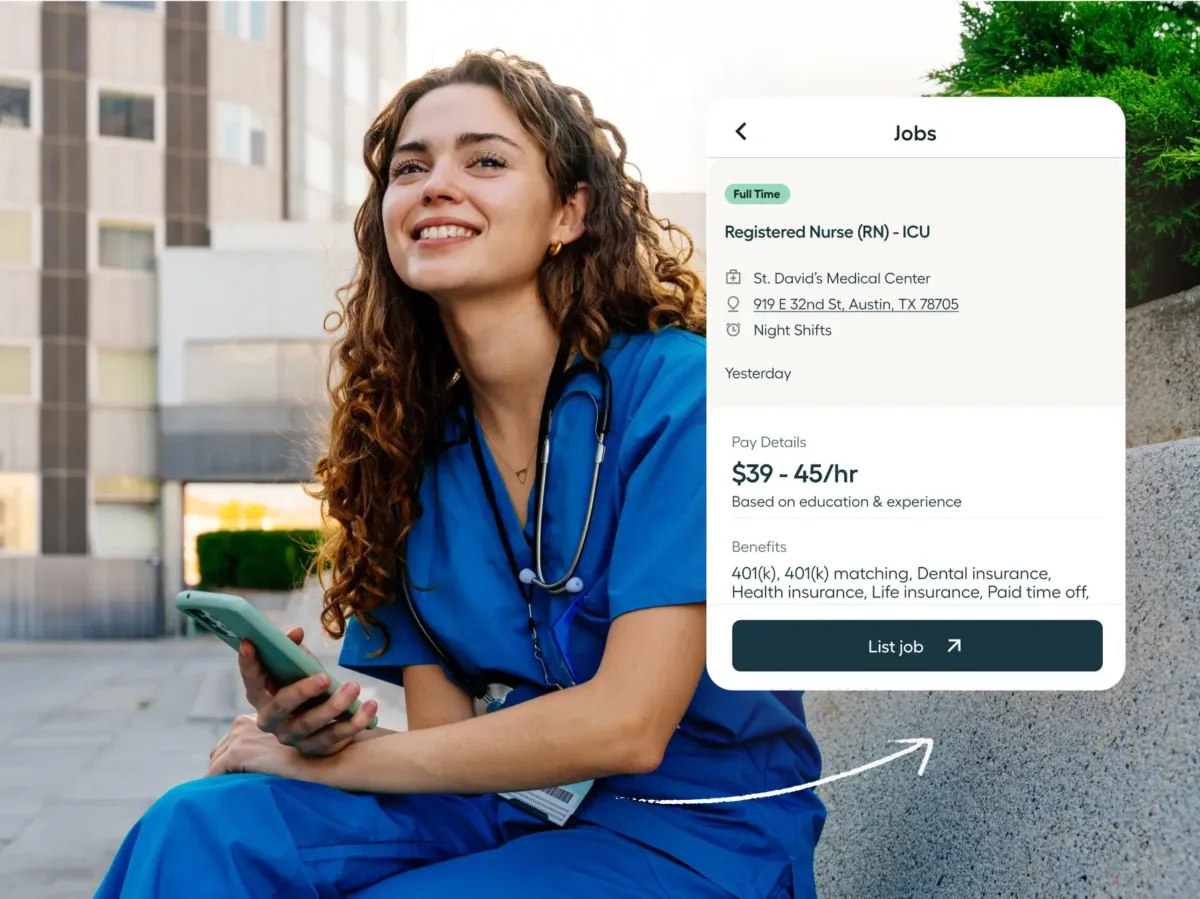 A smiling nurse in blue scrubs sits outdoors holding a phone. On the right, an ICU RN job listing highlights pay, benefits, and staff scheduling software for nurses.