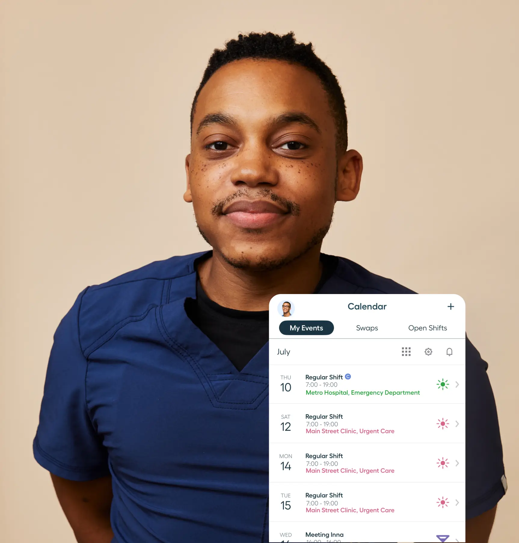 A person in blue scrubs smiles at the camera, with the best calendar app for nurses showing medical shifts superimposed at the bottom of the image.