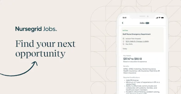 Nursegrid Jobs app screen on phone next to text: Find your next opportunity..