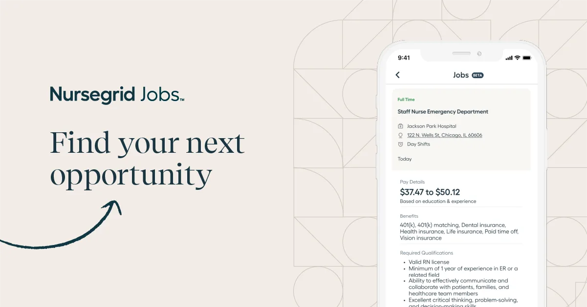 Nursegrid Jobs app screen on phone next to text: Find your next opportunity..
