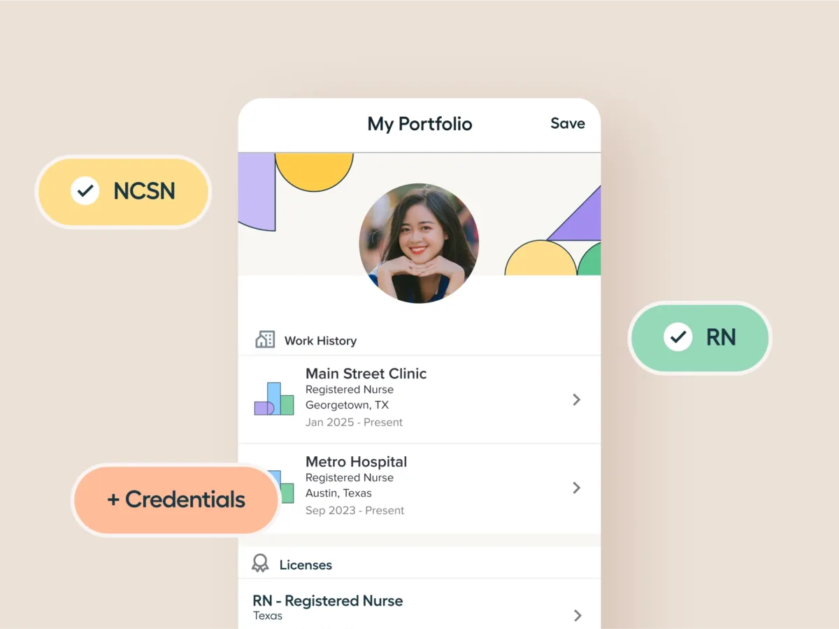 A digital portfolio screen for a nurse calendar app displays a nurse’s profile photo, work history, licenses, and credential badges labeled NCSN and RN. Geometric shapes decorate the background.