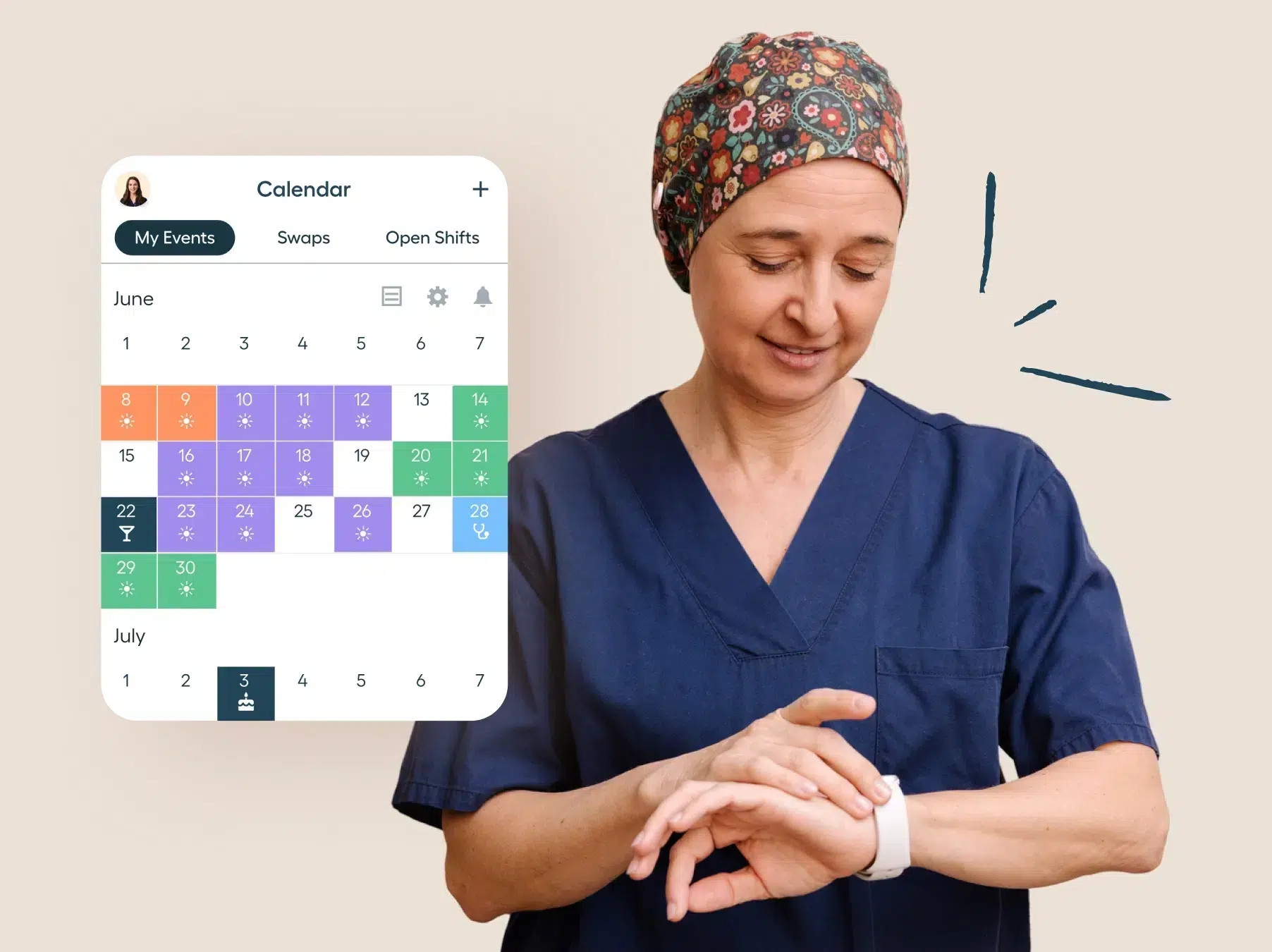 A nurse in scrubs and a patterned cap checks her smartwatch. Next to her, the best calendar app for nurses displays her June work schedule on a digital calendar.