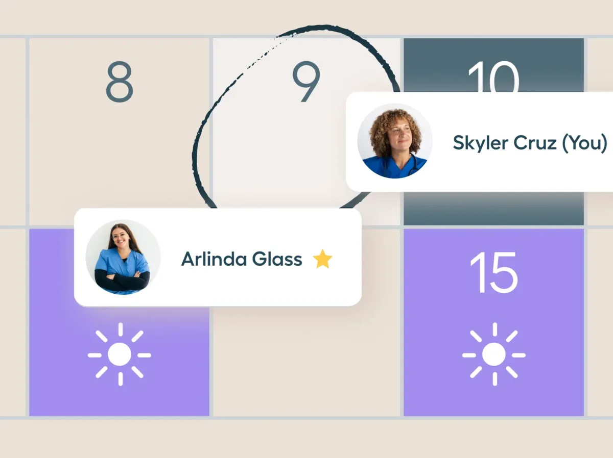 A calendar with dates 8 to 15 visible; nursing schedules for Arlinda Glass and Skyler Cruz appear over the 9th and 10th, with the 9th circled and sun icons on the 8th and 15th.