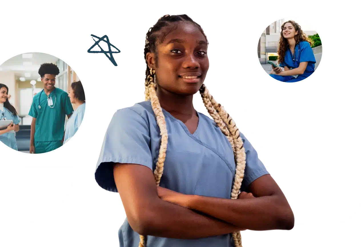 A confident young woman in blue scrubs stands with arms crossed; two circular insets show a nurse calendar app interface and a smiling woman outdoors.