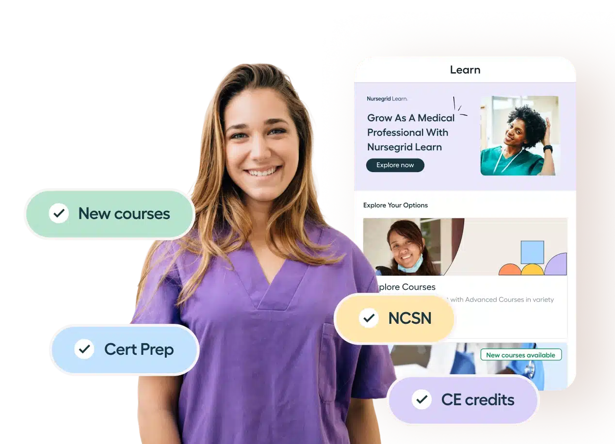 A smiling woman in purple scrubs stands beside graphics on New courses, Cert Prep, NCSN, CE credits, and a nurse calendar app, with a nursing education website in the background.