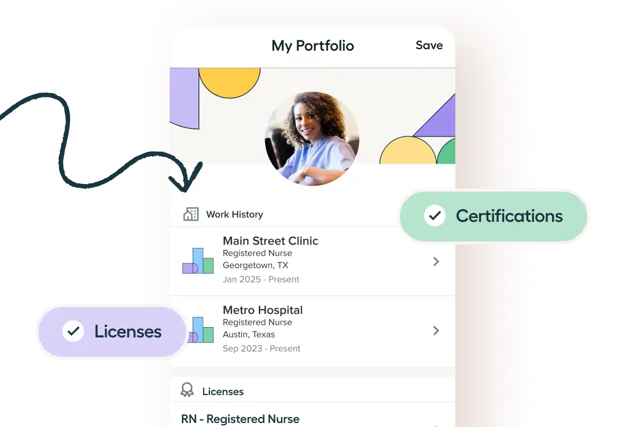 A smartphone screen shows a digital portfolio with work history, licenses, and certifications for a registered nurse, all organized in a sleek nurse calendar app. An avatar photo is displayed at the top.