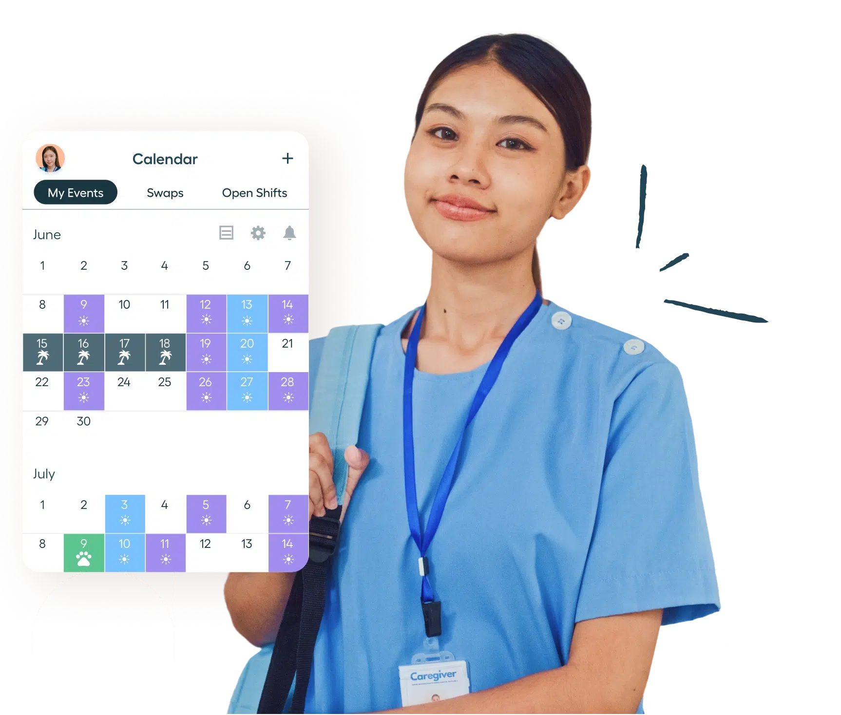 A woman in blue scrubs with a lanyard stands, holding a bag. Beside her, a digital calendar showcases work shifts, events, and the best apps for nursing students for June and July.