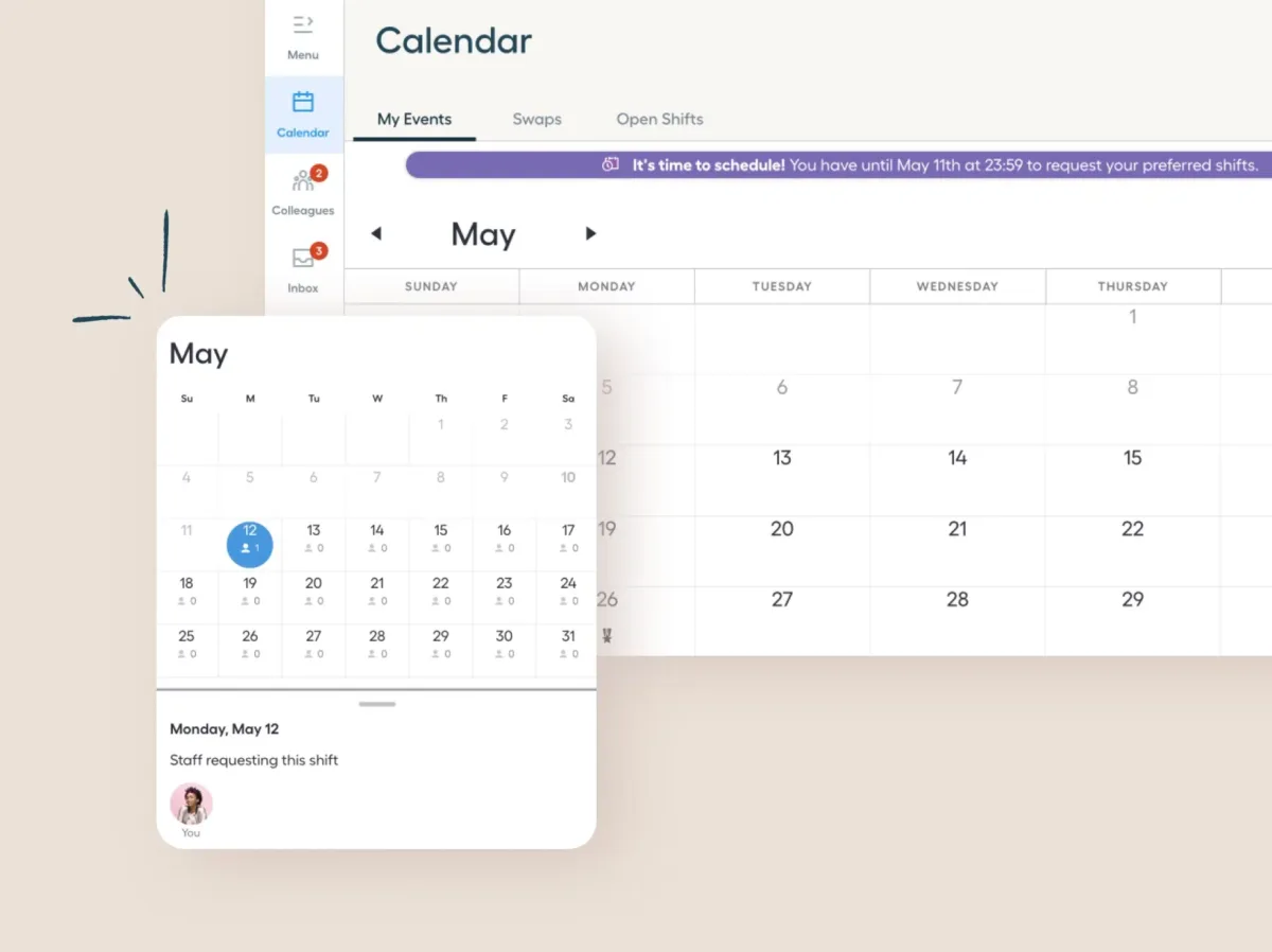 A nurse scheduling software calendar displays May, highlighting May 12 with a staff shift note. A banner reminds users to schedule shifts by May 11th.