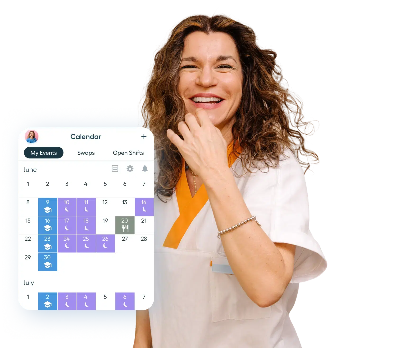 A smiling woman in a white and orange uniform stands beside a digital calendar, showcasing the best calendar app for nurses with scheduled events and shifts for June and July.