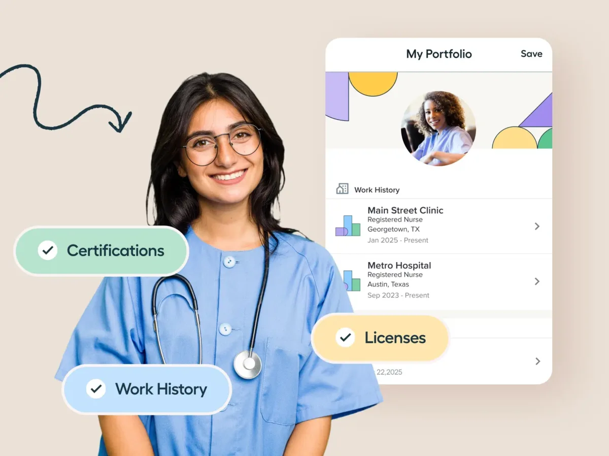 A smiling nurse in scrubs stands beside a digital portfolio screen showcasing her photo, work history, certifications, licenses, and the best apps for nursing students.
