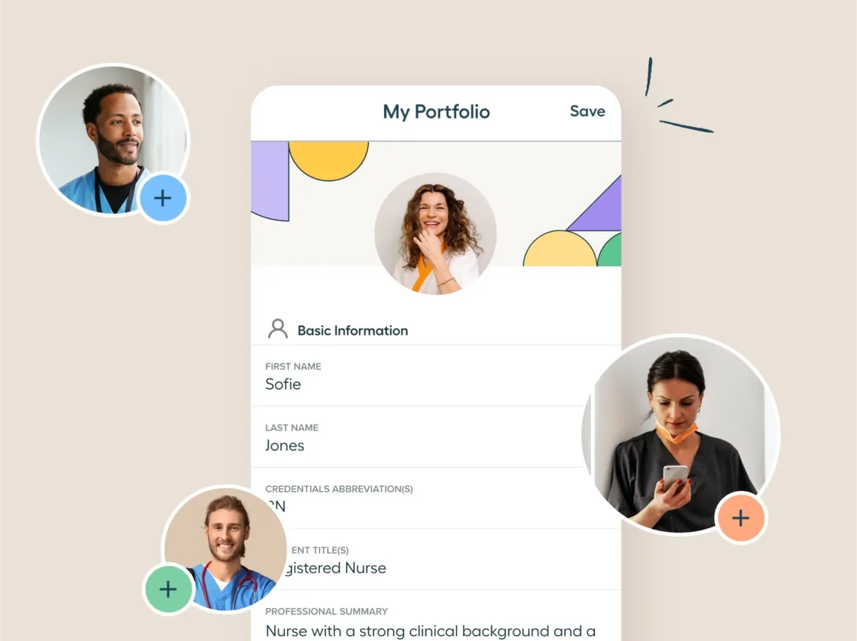 A mobile app screen displays a digital portfolio for nurse Sofie Jones, featuring profile photos of three healthcare professionals and staff scheduling software for nurses.