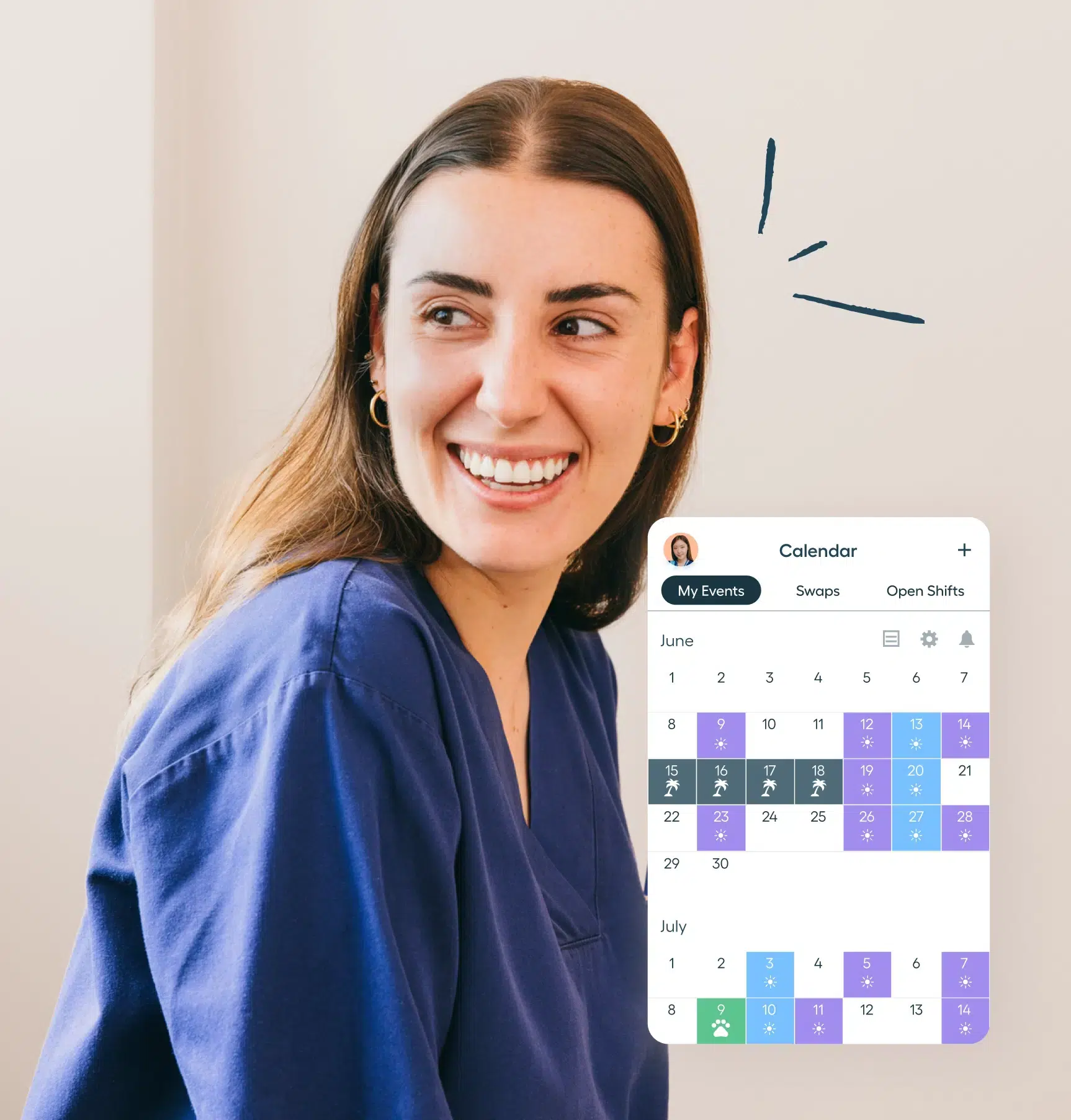 A smiling woman in a blue top looks to the side, with a digital nurse calendar app overlay showing events for June and July.