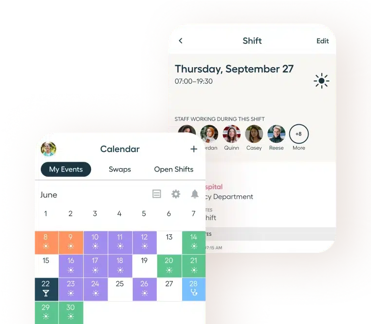 A digital calendar showing events in June overlaps a shift management app screen displaying a staff shift for Thursday, September 27, listing team members and shift time.