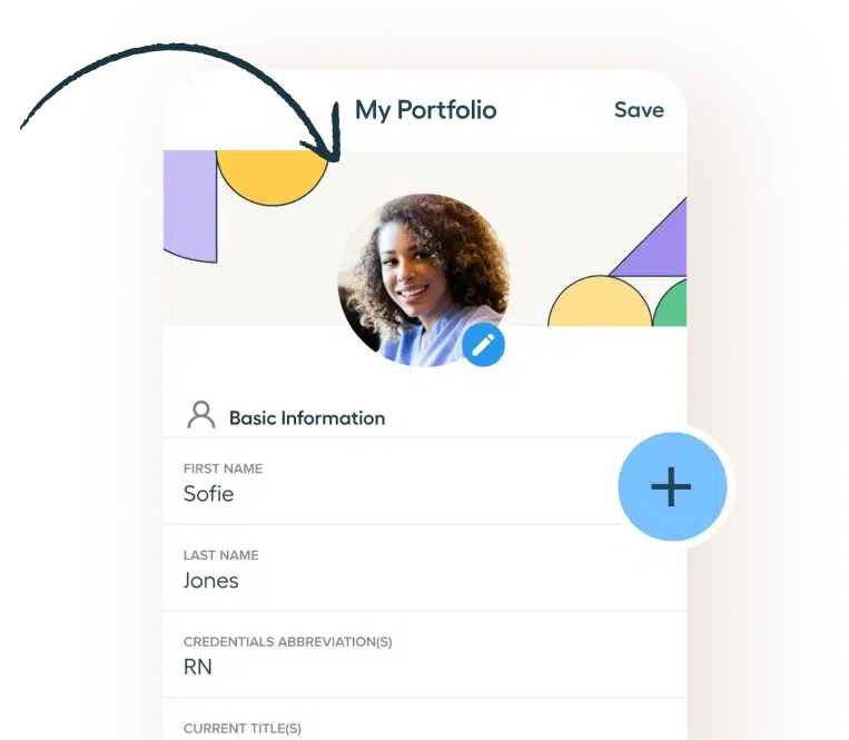A digital profile page titled My Portfolio with a profile photo of a smiling woman and basic information fields for name, credentials, and job title.
